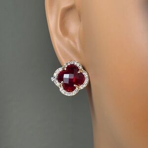 Trendy Red Clover and Rhinestone Stud Earrings